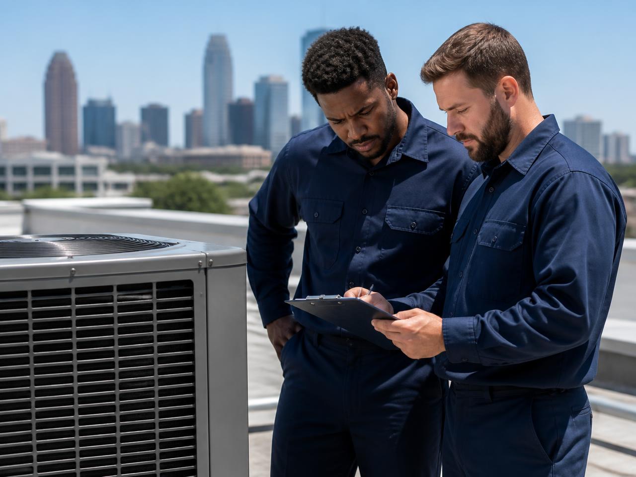 Two Duffyy's HVAC technicians reviewing a service checklist beside a commercial rooftop unit